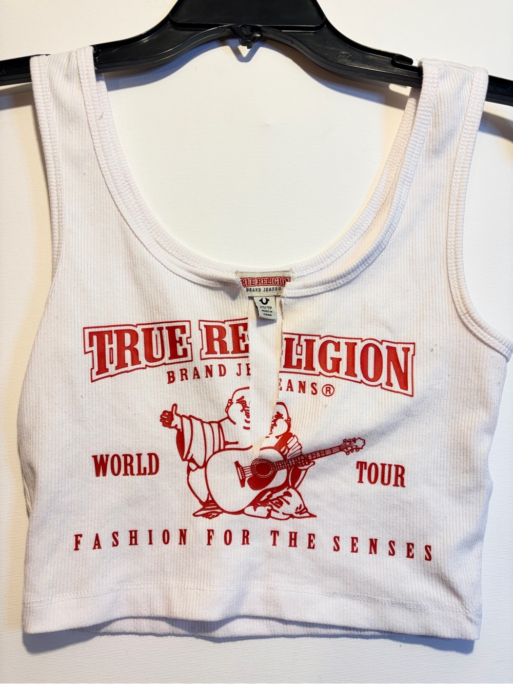 True Religion White Cropped Ribbed Tank with Red Logo Graphic